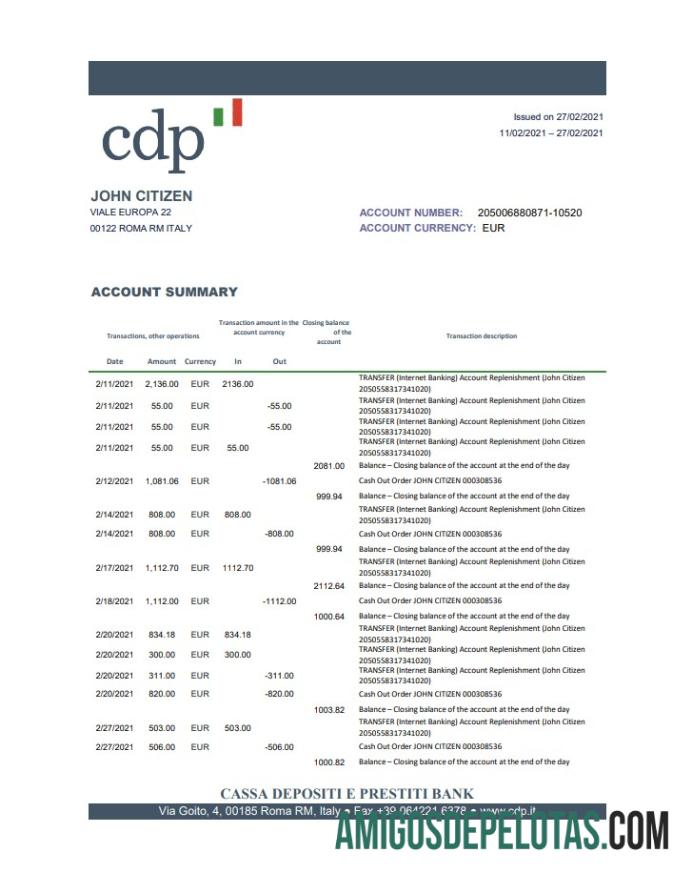 em branco Itália Cassa Depositi E Prestiti Extrato bancário modelo fácil de preencher em formato de arquivo .xls e .pdf